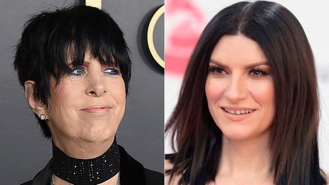In this combination photo, Diane Warren arrives at the 92nd Academy Awards Nominees Luncheon on Jan. 27, 2020, in Los Angeles, left, and Laura Pausini arrives at the 17th annual Latin Grammy Awards in Las Vegas on Nov. 17, 2016. Warren and Pausini were nominated for an Oscar for best song "Seen" from the film "The Life Ahead." (AP Photo)