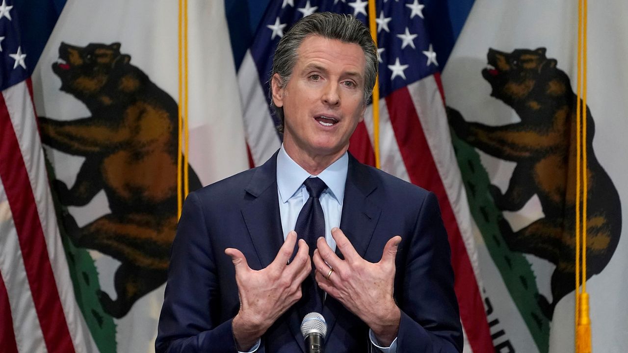 In this Jan. 8, 2021, file photo, California Gov. Gavin Newsom outlines his 2021-2022 state budget proposal during a news conference in Sacramento, Calif. The California Democratic Party is gathering for its annual convention on the heels of a recall against Newsom reaching the signature threshold to qualify for the ballot. (AP Photo/Rich Pedroncelli, Pool, File)