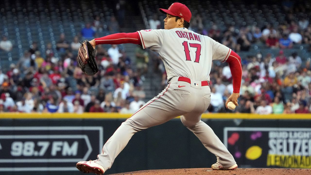 Los Angeles Angels pitcher Shohei Ohtani throws against the Arizona Diamondbacks in the first inning during a baseball game Friday in Phoenix. (AP Photo/Rick Scuteri)