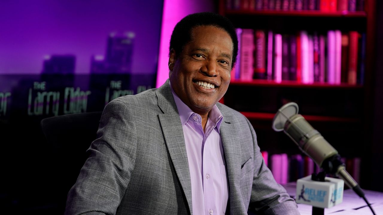 Radio talk show host Larry Elder poses for a photo in his studio on July 12, 2021, in Burbank, Calif. Elder is running for governor of California. (AP Photo/Marcio Jose Sanchez)