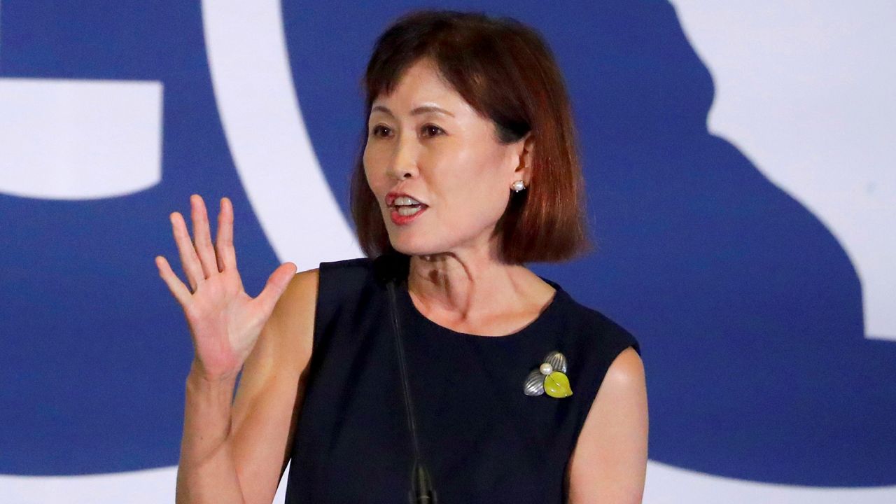 Michelle Steel, Republican candidate for California's 48th Congressional District, speaks during the California GOP fall convention in Indian Wells, Calif., Sept. 7, 2019. (AP Photo/Chris Carlson)