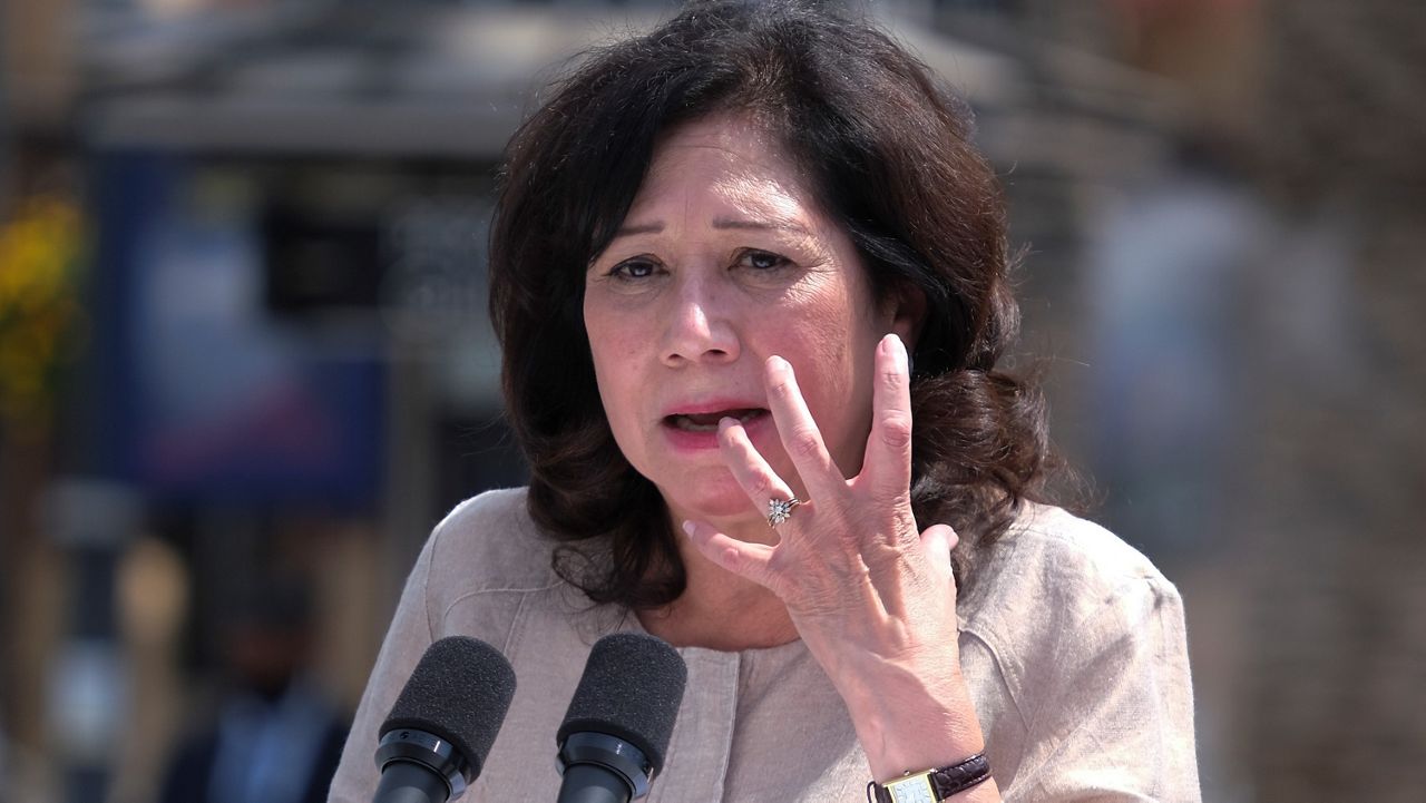 In this June 15, 2021, file photo, Los Angeles County Supervisor Hilda Solis speaks in a news conference at Universal Studios in Universal City, Calif. (AP Photo/Ringo H.W. Chiu)