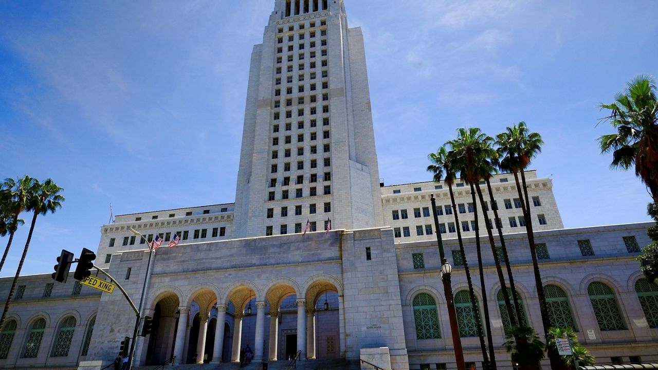 This April 28, 2017, file photo shows the outside of Los Angeles City Hall in downtown Los Angeles. (AP Photo/Richard Vogel)