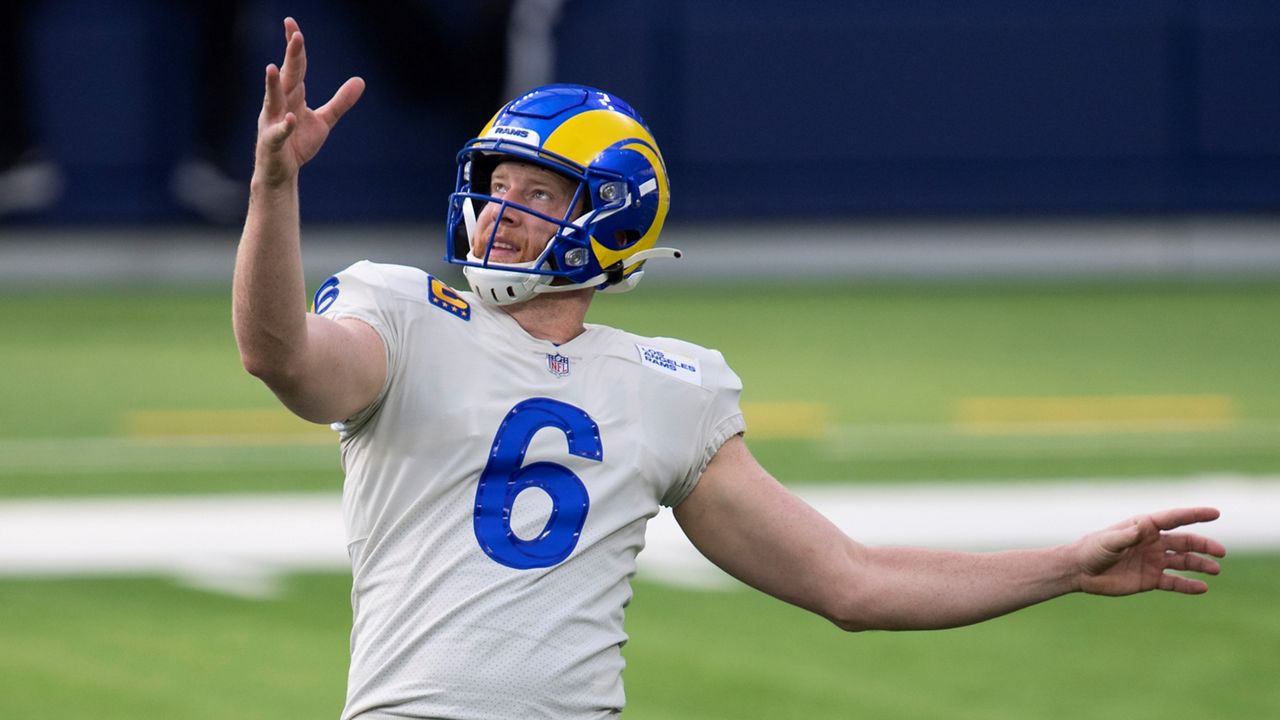 In this Dec. 20, 2020, file photo, Los Angeles Rams punter Johnny Hekker (6) punts during an NFL football game against the New York Jets in Inglewood, Calif. (AP Photo/Kyusung Gong)