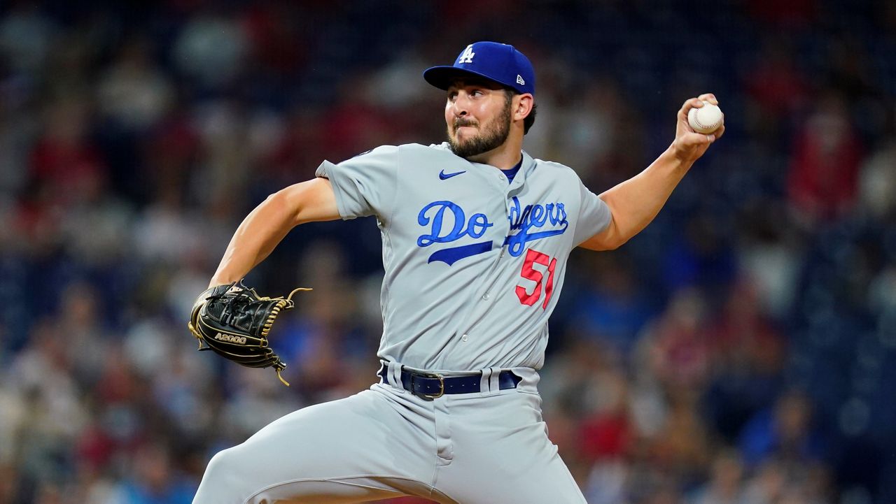In this Aug. 10, 2021, file photo, Los Angeles Dodgers' Alex Vesia pitches during the fourth inning of a baseball game against the Philadelphia Phillies in Philadelphia. (AP Photo/Matt Slocum)