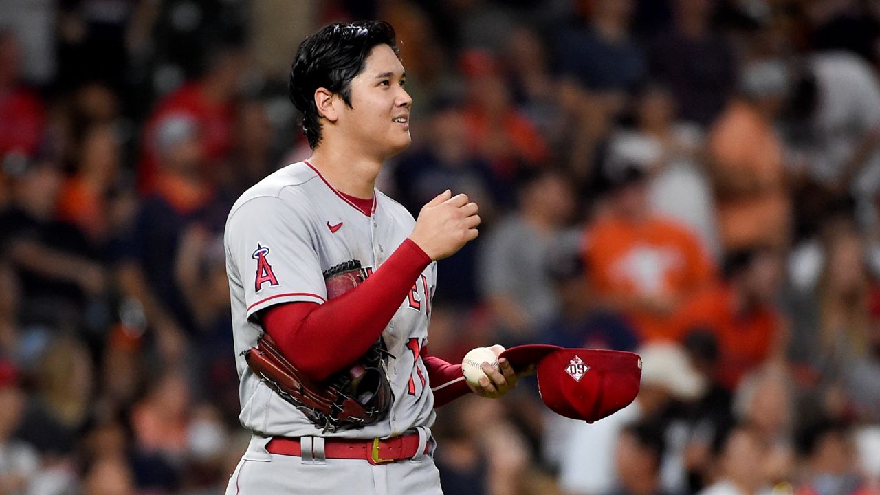 Los Angeles Angels starting pitcher Shohei Ohtani reacts after an RBI-double by Houston Astros' Yordan Alvarez during the third inning of a baseball game Friday in Houston. (AP Photo/Eric Christian Smith)