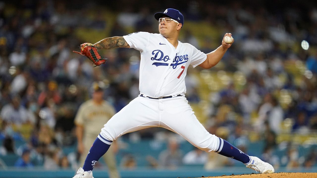 Los Angeles Dodgers starting pitcher Julio Urias (7) throws during the second inning of a baseball game Friday against the San Diego Padres in Los Angeles. (AP Photo/Ashley Landis)