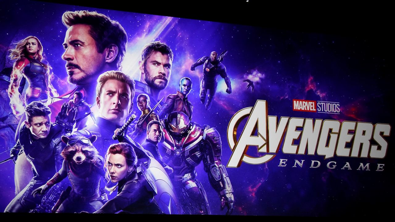 In this April 8, 2021, file photo, artwork for the Marvel film "Avengers: Endgame" appears on stage during the Walt Disney Studios Motion Pictures presentation at CinemaCon, the official convention of the National Association of Theatre Owners (NATO) in Las Vegas. (Photo by Chris Pizzello/Invision/AP)