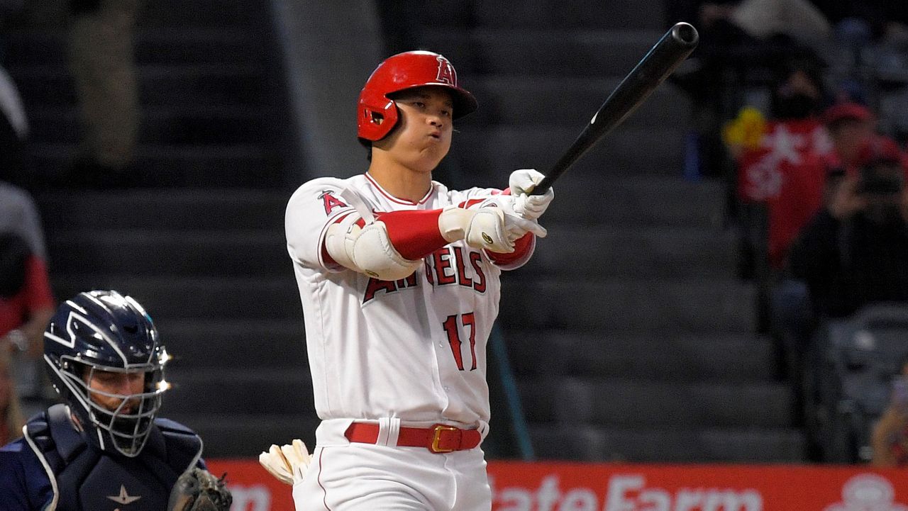 Los Angeles Angels designated hitter Shohei Ohtani strikes out during the first inning of a baseball game Friday against the Seattle Mariners in Anaheim, Calif. (AP Photo/Mark J. Terrill)