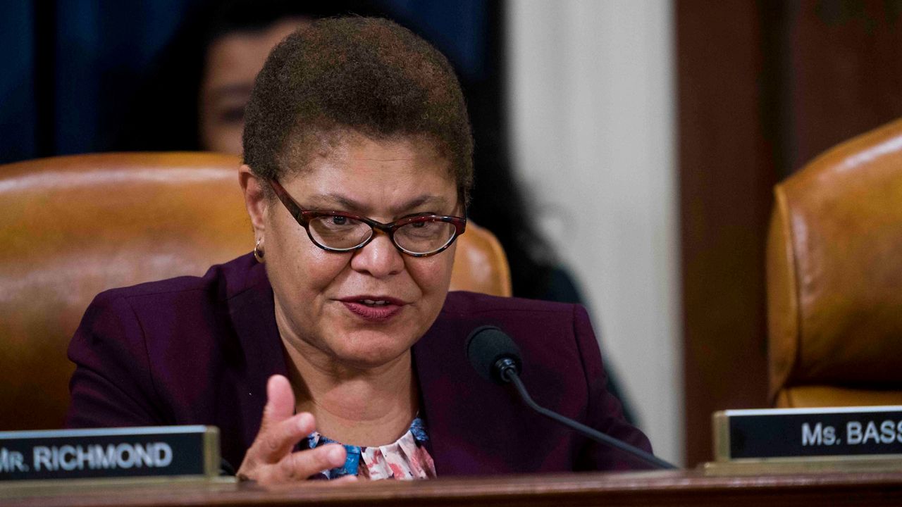 In this Dec. 9, 2019, file photo, Rep. Karen Bass, D-Calif., questions Intelligence Committee Minority Counsel Stephen Castor and Intelligence Committee Majority Counsel Daniel Goldman during the House impeachment inquiry hearings in Washington. (Doug Mills/The New York Times via AP)