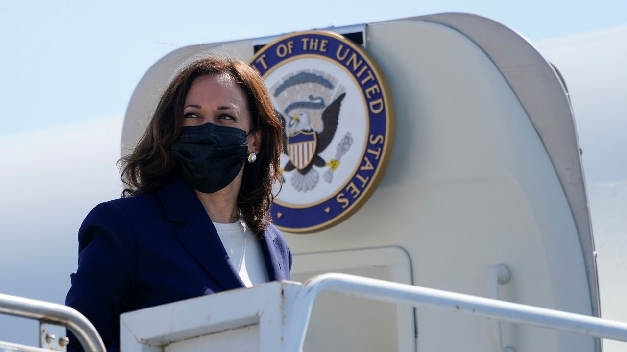 In this Sept. 8, 2021, photo, Vice President Kamala Harris boards her plane at Oakland International Airport, in Oakland, Calif. (AP Photo/Carolyn Kaster)