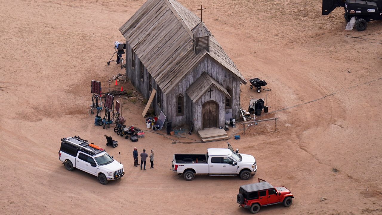 This aerial photo shows the Bonanza Creek Ranch in Santa Fe, N.M., on Saturday, Oct. 23, 2021. (AP Photo/Jae C. Hong)