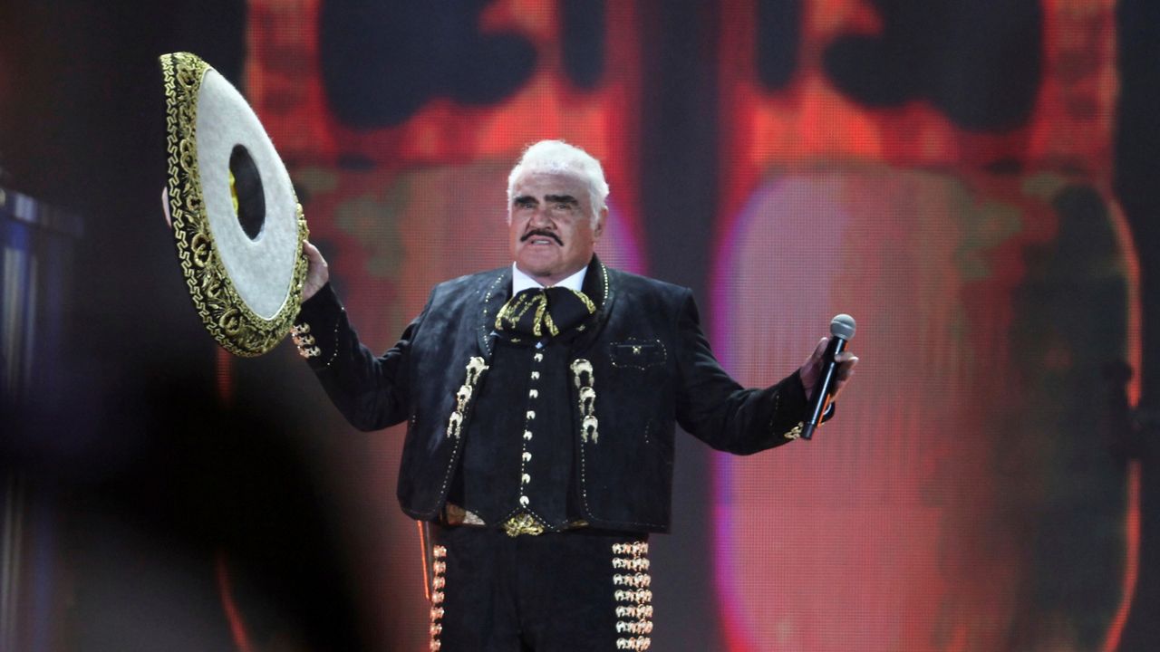 In this April 16, 2016, file photo, Mexican singer Vicente Fernandez performs at a free concert at Azteca Stadium. (AP Photo/Marco Ugarte)