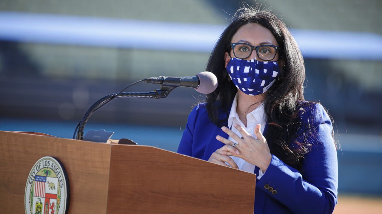 In this file photo from Jan. 15, 2021, L.A. City Council President Nury Martinez addresses a press conference held at the launch of a mass COVID-19 vaccination site at Dodger Stadium. (Irfan Khan/Los Angeles Times via AP, Pool)