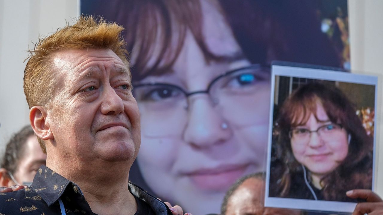 In this Dec. 28, 2021, file photo, Juan Pablo Orellana Larenas, father of Valentina Orellana-Peralta, speaks during a news conference outside the Los Angeles Police Department headquarters in Los Angeles. (AP Photo/Ringo H.W. Chiu)