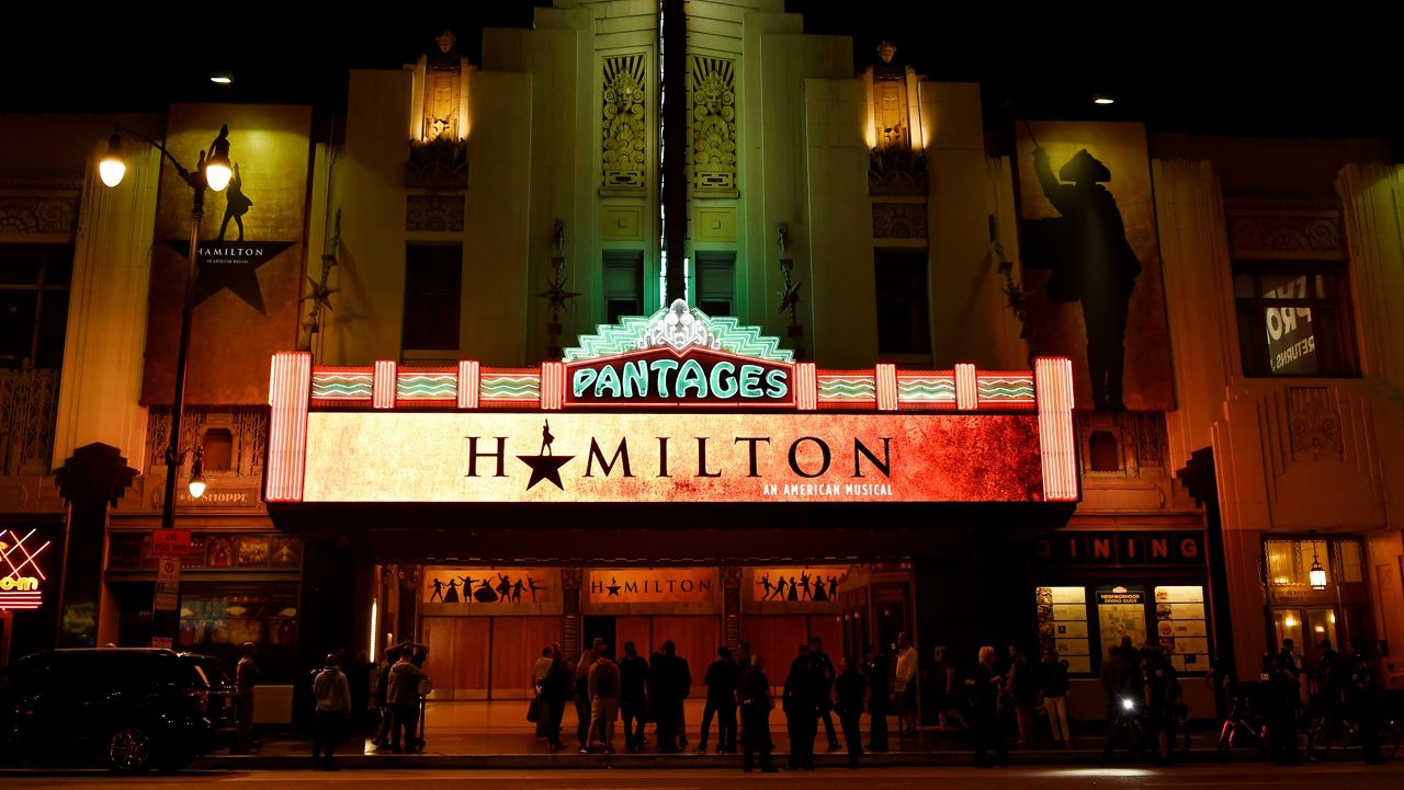 In this Aug. 6, 2017, file photo, the Pantages Theatre marquee is pictured on the opening night of the Los Angeles run of “Hamilton: An American Musical” in Los Angeles. (Photo by Chris Pizzello/Invision/AP)
