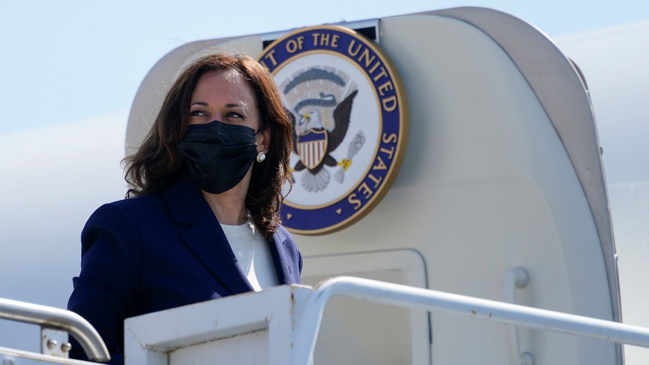 In this Sept. 8, 2021, file photo, Vice President Kamala Harris boards her plane at Oakland International Airport in Oakland, Calif., en route to Washington. (AP Photo/Carolyn Kaster)