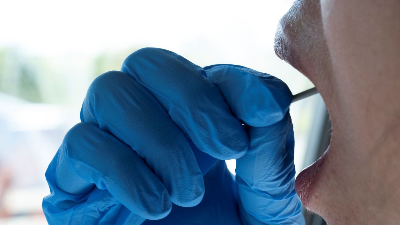 In this May 6, 2020, file photo, a woman swabs the inside of her mouth during a self-administered coronavirus test in the Woodland Hills section of Los Angeles. (AP Photo/Richard Vogel)