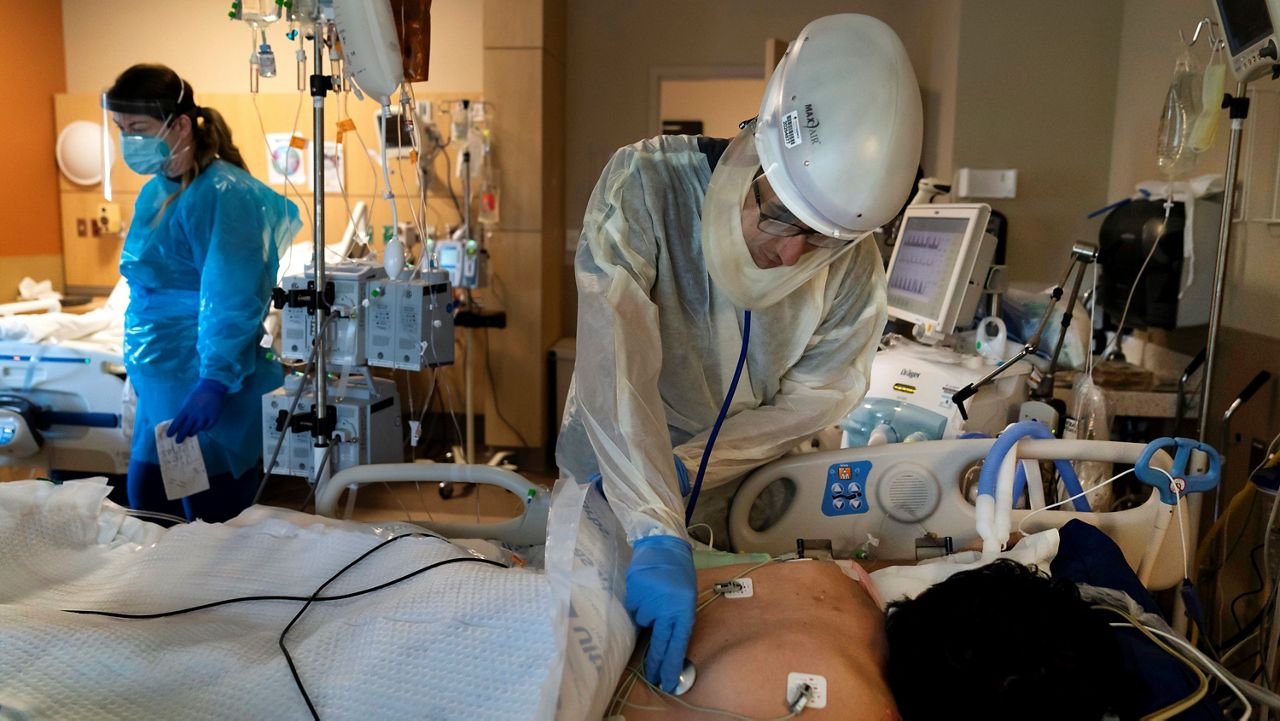 In this Nov. 19, 2020, file photo, Dr. Rafik Abdou checks on a COVID-19 patient at Providence Holy Cross Medical Center in the Mission Hills section of Los Angeles. (AP Photo/Jae C. Hong)