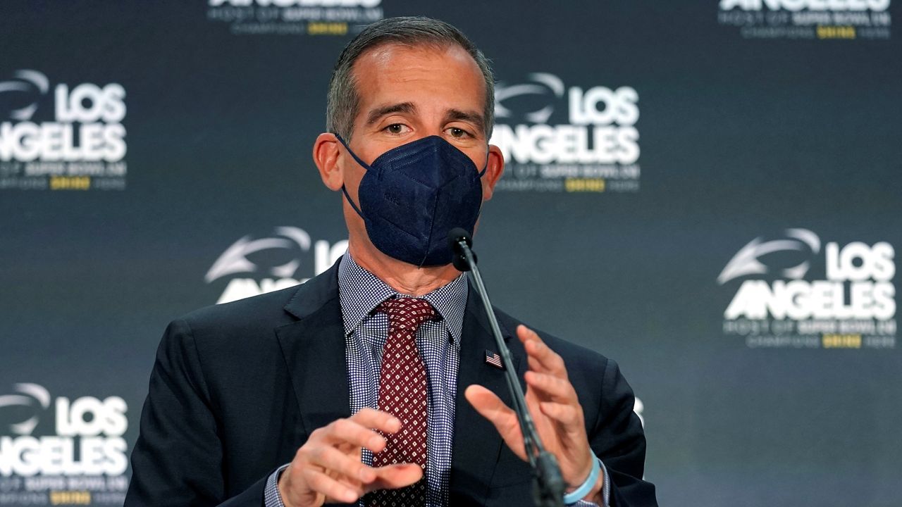 Los Angeles Mayor Eric Garcetti speaks during a Super Bowl Host Committee welcome news conference Monday in Los Angeles. The Super Bowl is scheduled to be played on Sunday. (AP Photo/Mark J. Terrill)