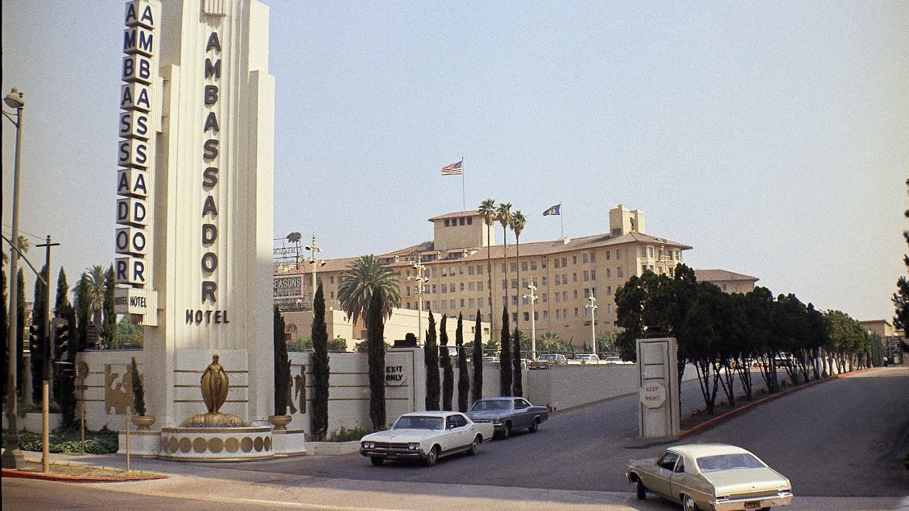 This June 28, 1968, file photo shows the main entrance to the Ambassador Hotel in Los Angeles, Calif. The Ambassador Hotel was opened in 1921, designed by Myron Hunt and later renovated by African American architect Paul Revere Williams. (AP Photo/David F. Smith, File)