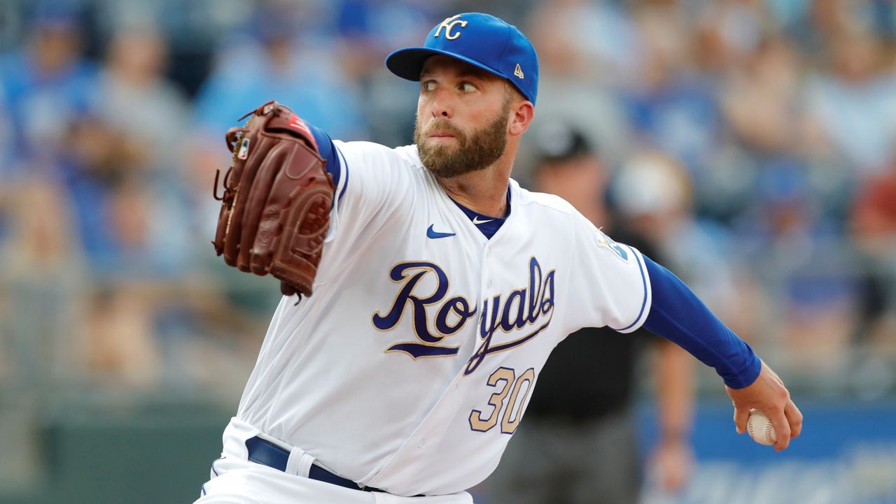 In this July 16, 2021, file photo, Kansas City Royals pitcher Danny Duffy throws against a Baltimore Orioles batter in the first inning of a baseball game at Kauffman Stadium in Kansas City, Mo. (AP Photo/Colin E. Braley)