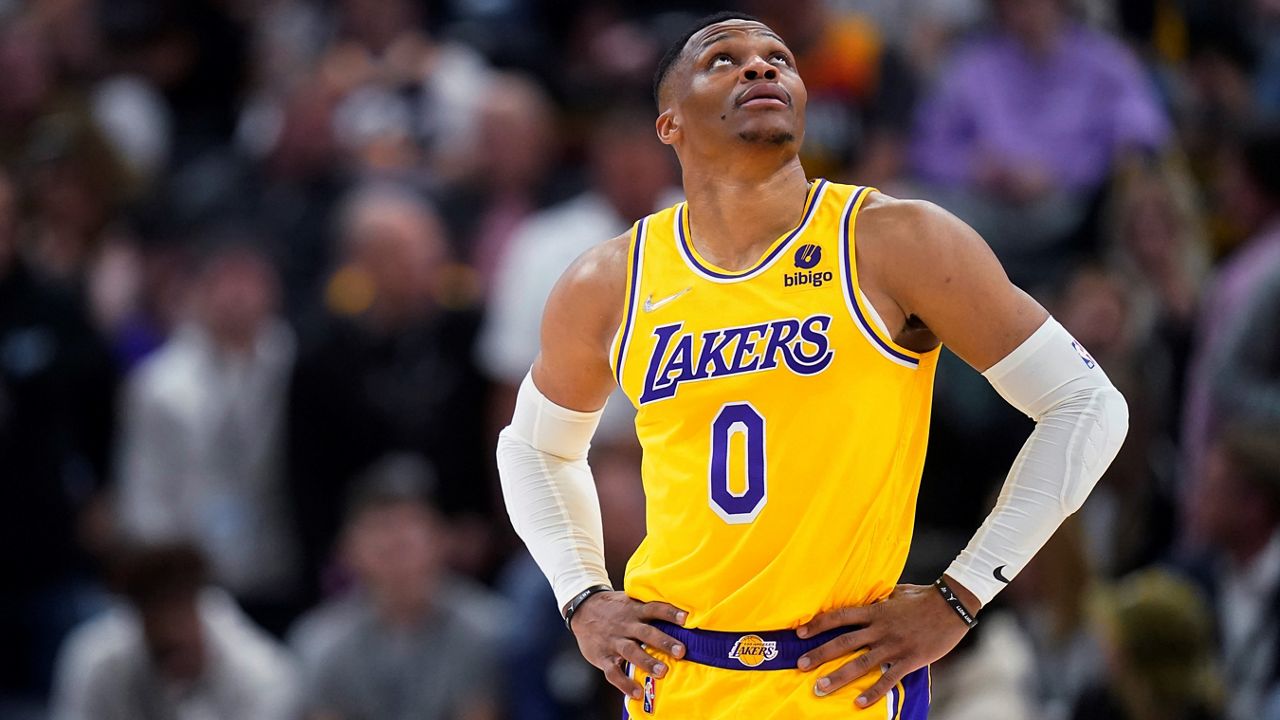 Los Angeles Lakers guard Russell Westbrook looks at the scoreboard during the first half of the team’s NBA basketball game Thursday against the Utah Jazz in Salt Lake City. (AP Photo/Rick Bowmer)
