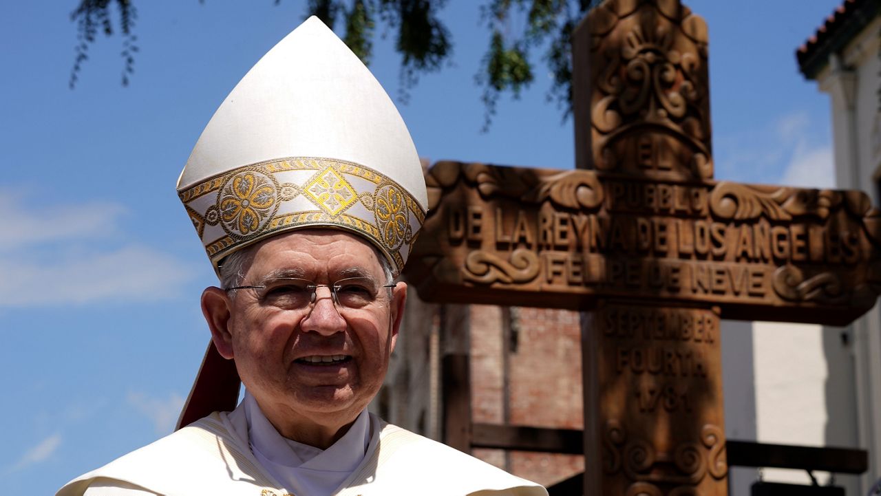Archbishop Jose H. Gomez attends the traditional blessing of animals on April 16, 2022, at Placita Olvera in downtown Los Angeles. (AP Photo/Damian Dovarganes)