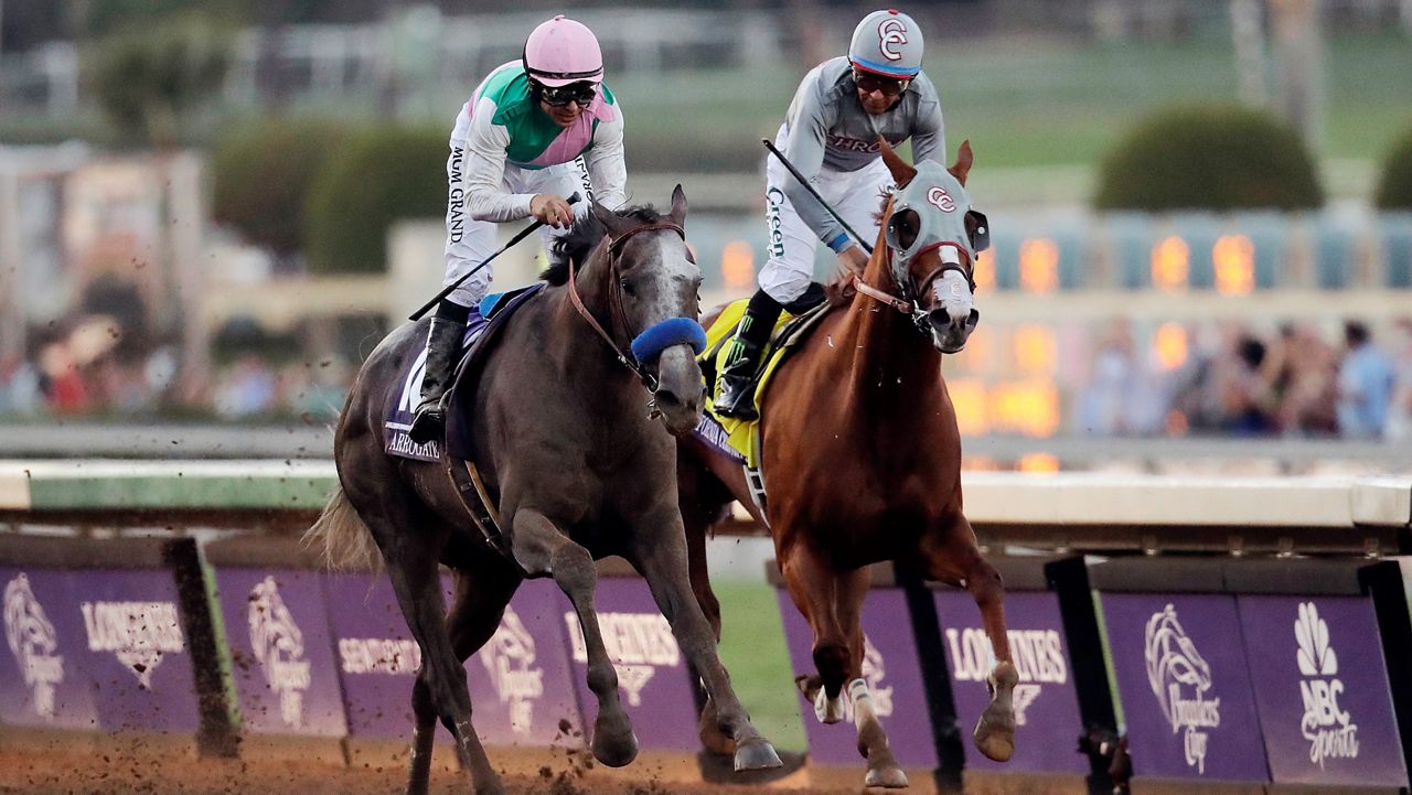 In this Nov. 5, 2016, file photo, Arrogate, left, with Mike Smith aboard, charges to the finish line to win the Breeders' Cup Classic horse race against California Chrome ridden by Victor Espinoza at Santa Anita Park, in Arcadia, Calif. (AP Photo/Jae C. Hong,