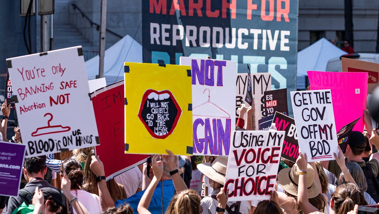 Abortion-rights protesters attend the "Bans Off Our Bodies Abortion Rally" at Los Angeles City Hall on May 14. (AP Photo/Damian Dovarganes, File)