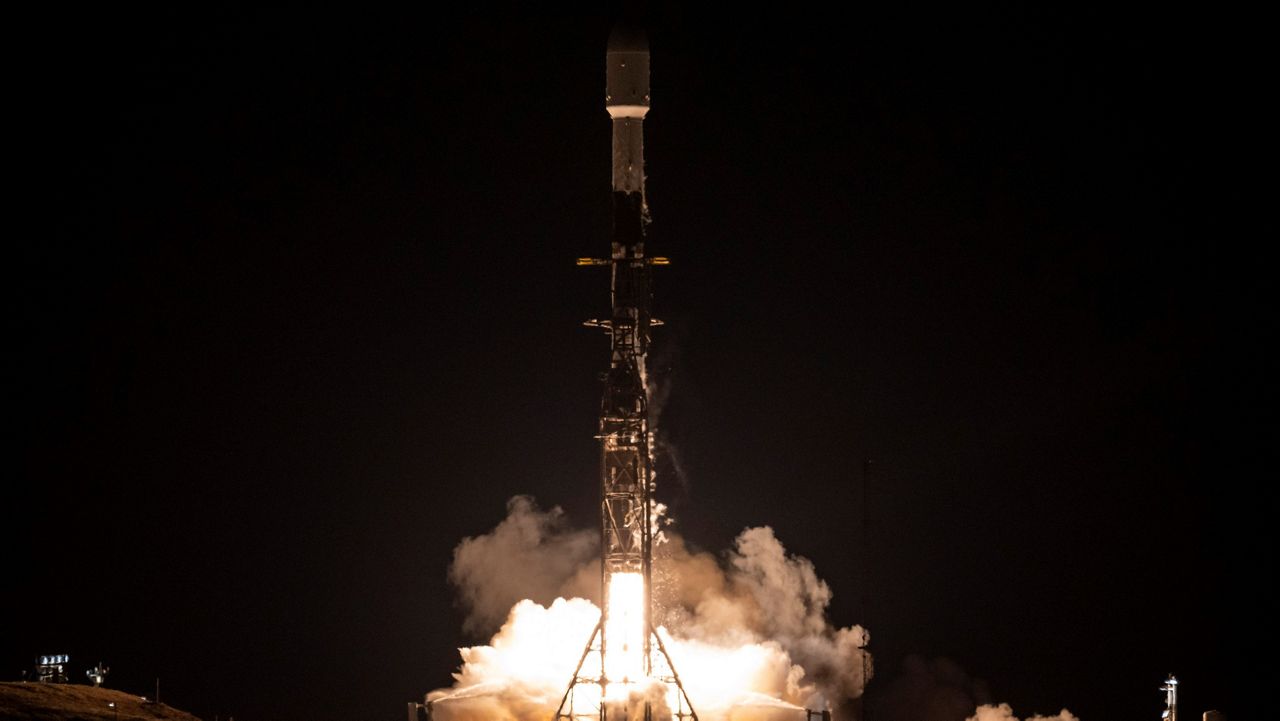 A SpaceX rocket carrying the Surface Water and Ocean Topography satellite lifts off Friday from Vandenberg Space Force Base in California. (Keegan Barber/NASA via AP)