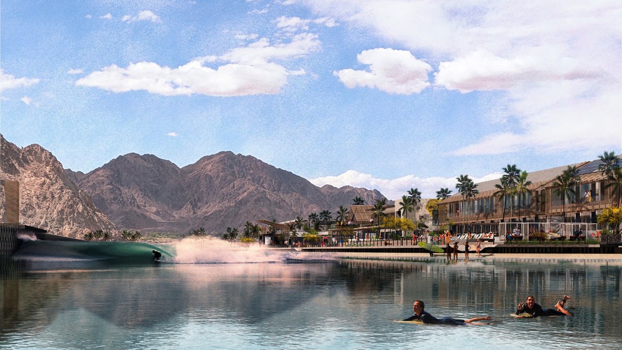 This artist rendering provided by REM Public Relations shows a proposed Coral Mountain Resort with a large human-made surf lagoon that is proposed for the region around Palm Springs, Calif. (CCY Architects/REM Public Relations via AP)