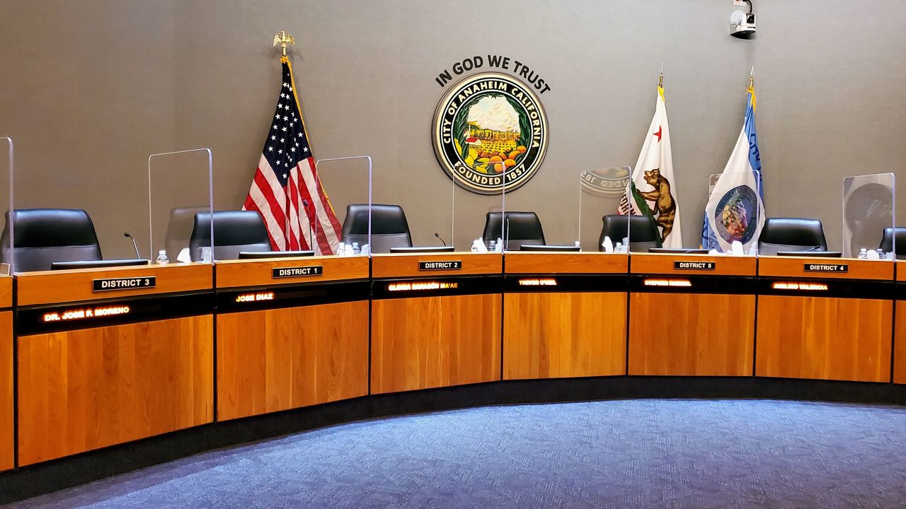 The Anaheim City Council dais (Spectrum News/Joseph Pimentel)