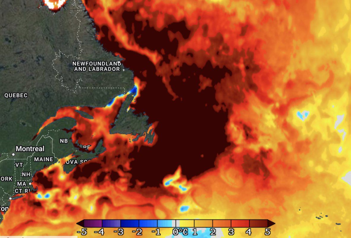 This photo shows the temperature anomaly in the Atlantic. Water temperatures are nearly 4 to 5 degrees celsius warmer than normal.