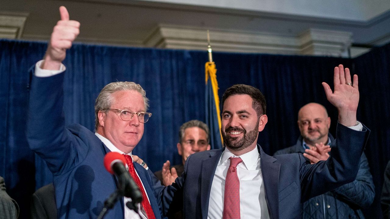 Rep. Mike Lawler, right, at an election party in November 2022 in Pearl River, N.Y. (AP Photo/Eduardo Munoz Alvarez)