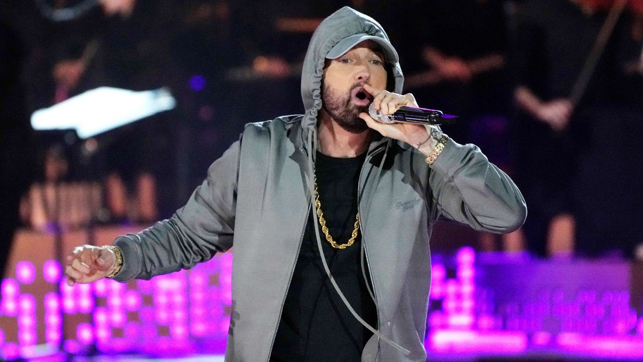 Eminem performs during "Live From Detroit: The Concert at Michigan Central," June 6, 2024, in Detroit. (AP Photo/Carlos Osorio, File)