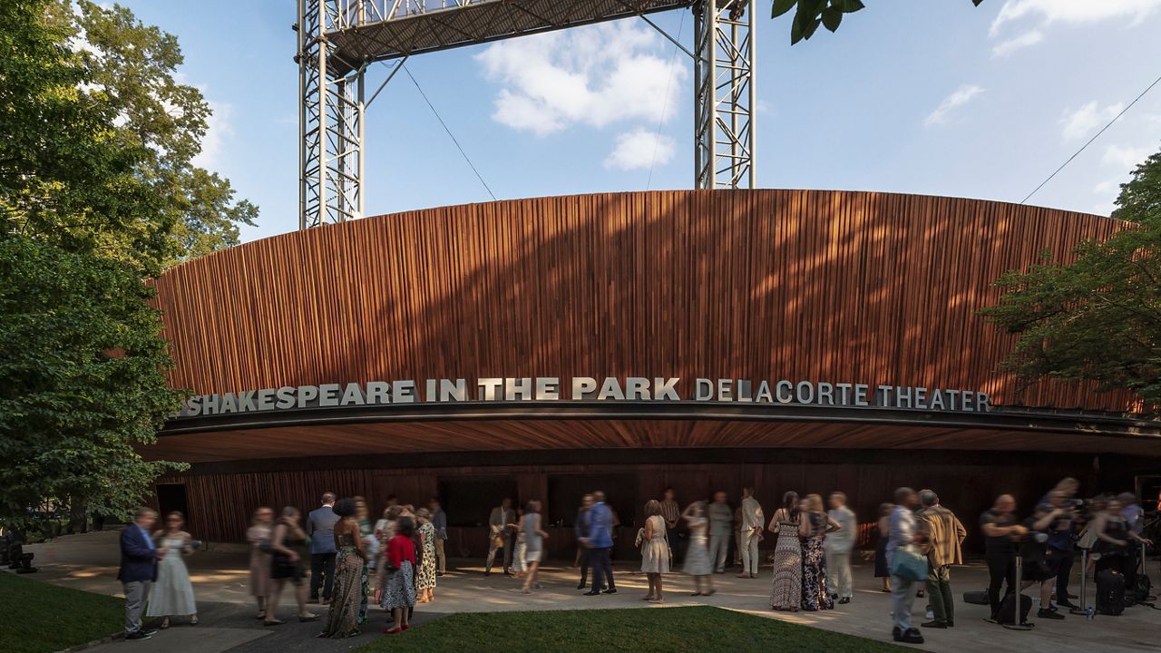 An exterior view of the completed Delacorte Theater, set to host Shakespeare in the Park again on Aug. 7, 2025. (Courtesy The Public Theater)