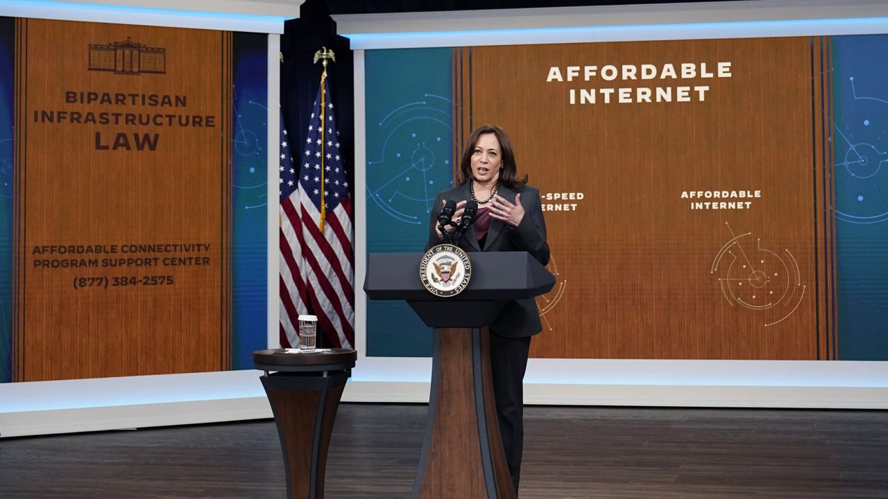 Vice President Kamala Harris talks about the infrastructure law's investments in affordable, accessible high-speed internet from the South Court Auditorium on the White House complex in Washington, Monday, Feb. 14, 2022. (AP Photo/Susan Walsh)