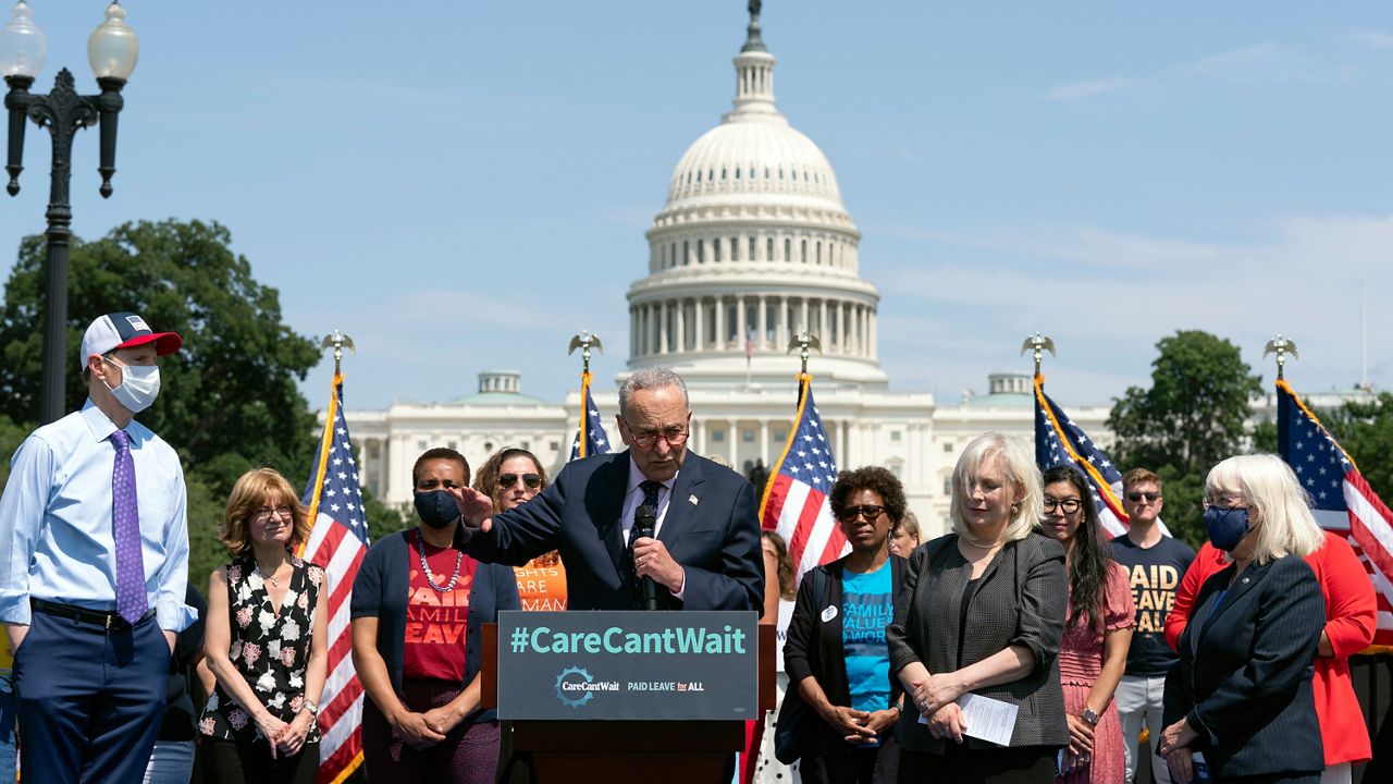 Senate Majority Leader Chuck Schumer, D-N.Y., speaks during the Paid Leave for All rally on Capitol Hill in Washington, Wednesday, Aug. 4, 2021. (AP Photo/Jose Luis Magana)