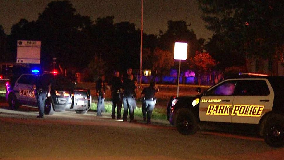 San Antonio police investigate a shooting outside Page Middle School in this image from June 19, 2019. (Ken Branca)