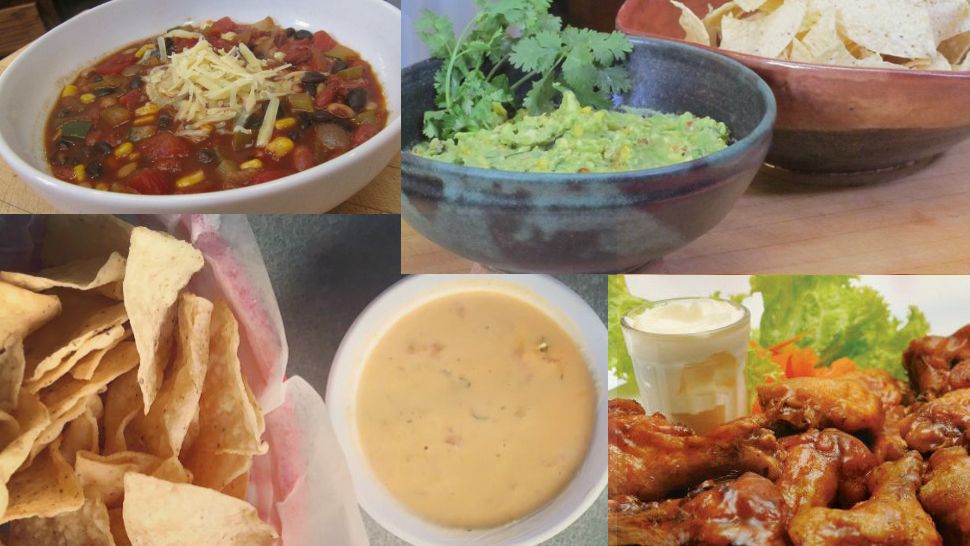 A collage of popular football foods including chips, queso, chili, chicken wings, and guacamole. (Photo credit: CDC)