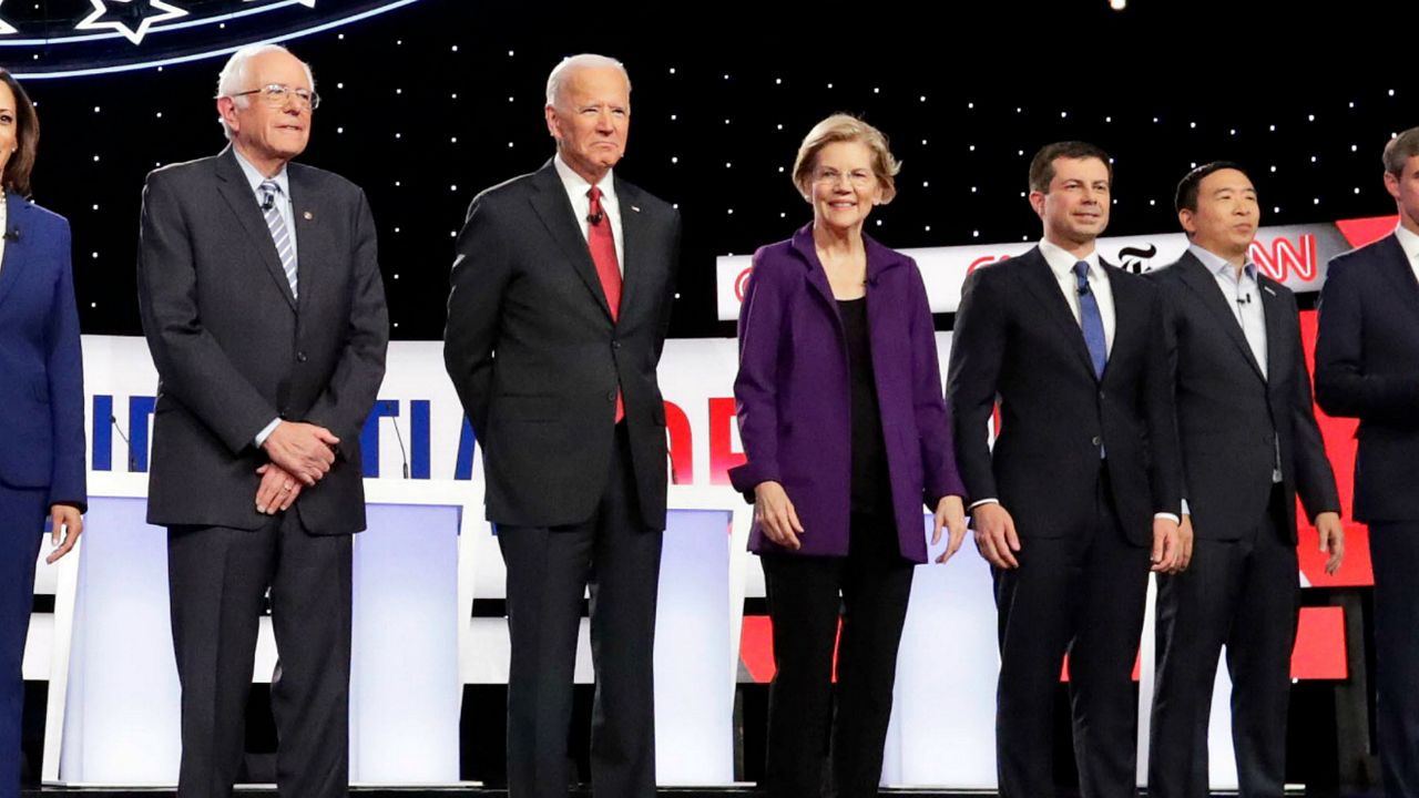 Candidates on stage before a Democratic presidential primary debate at Otterbein University, Tuesday, Oct. 15, 2019, in Westerville, Ohio.