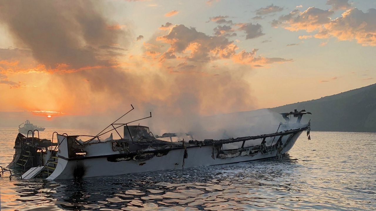 Boat near Santa Cruz Island before sinking (courtesy Ventura County Fire Department)