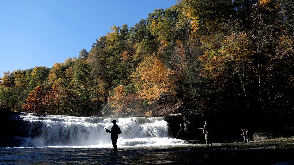 Man fly fishing near waterfall. 