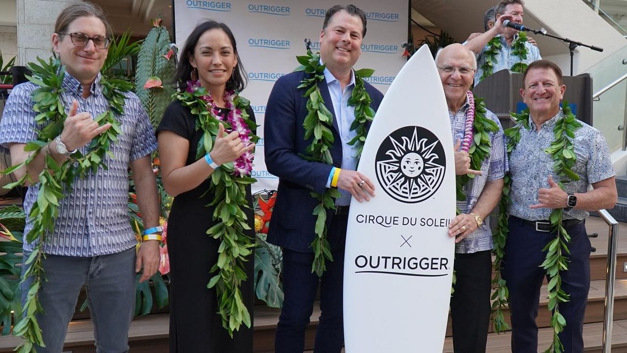 Simon Painter, Creative Director at Cirque du Soleil; Makanani Salā, Executive Director of Honolulu Mayor's Office of Culture and the Arts; Eric Grilly, Cirque du Soleil President of Resident and Affiliate Shows; Honolulu Mayor Rick Blangiardi; Jeff Wagoner, President and CEO of Outrigger Hospitality Group. (Photo courtesy of Mayor Rick Blangiardi)