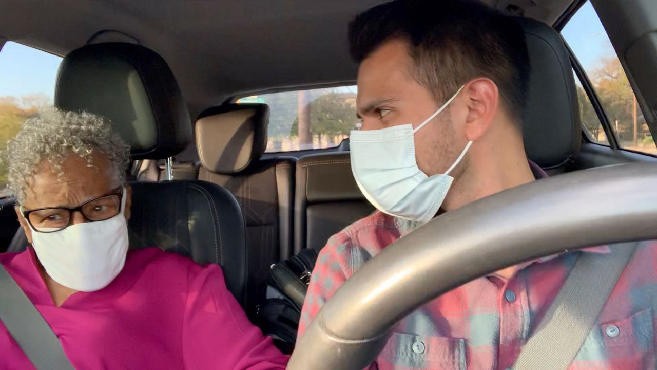 Human-Interest Reporter Lupe Zapata and Opal Lee driving to Opal’s farm in Fort Worth, Texas while filming a story produced for Spectrum News in November 2020. (Lupe Zapata/Spectrum News 1)