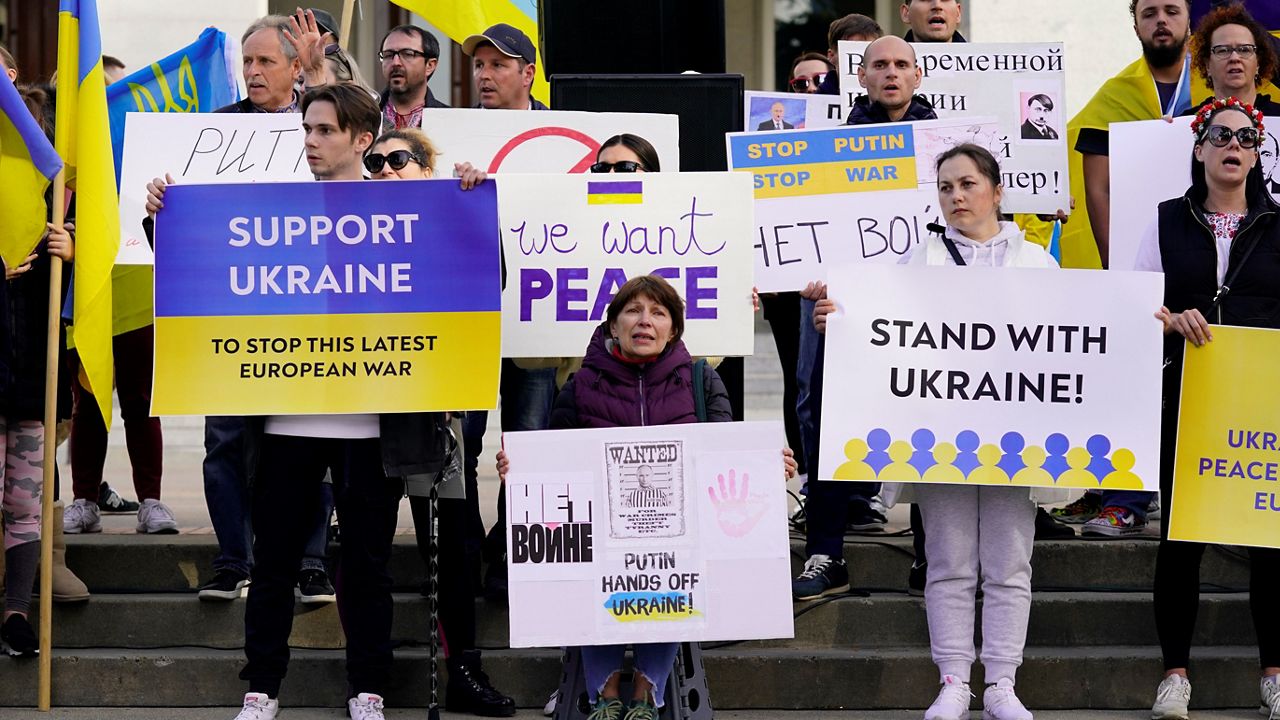 Members of the Ukrainian community and others gathered at the state Capitol to protest the Russian invasion of Ukraine at a rally n Sacramento, Calif., Thursday, Feb. 24, 2022. (AP Photo/Rich Pedroncelli, File)