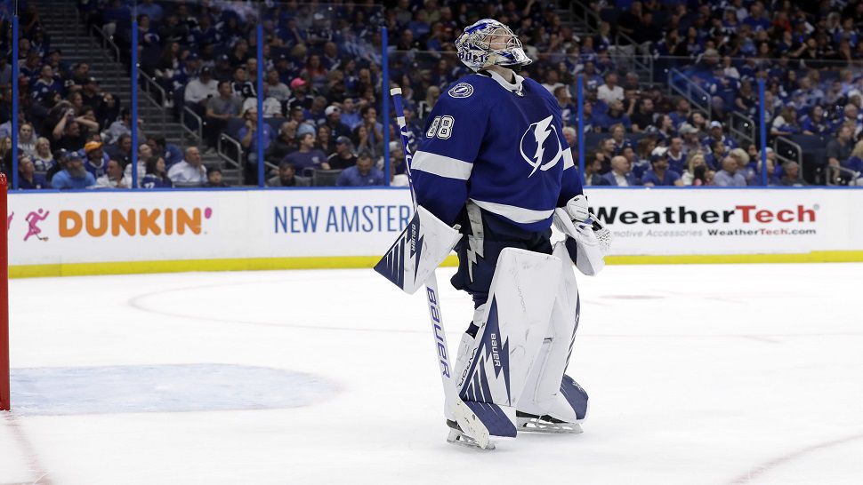 Tampa Bay Lightning goaltender Andrei Vasilevskiy looks skyward after allowing the game-winning goal to Columbus defenseman Seth Jones in Game 1.  The Blue Jackets went on to sweep the Lightning in four games.  (AP Photo/Chris O'Meara)