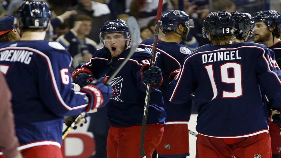 Columbus Blue Jackets' forward Matt Duchene celebrates the team's win over the Tampa Bay Lightning in Game 4.  Columbus' 4-0 sweep was the first time in NHL history that the team with the most points in the regular season didn't win a single playoff game.  (AP Photo/Jay LaPrete)