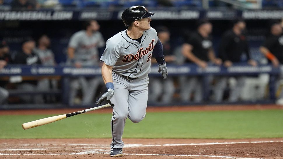 Detroit Tigers' Mark Canha watches his solo home run off Tampa Bay Rays relief pitcher Colin Poche during the eighth inning of a baseball game Tuesday, April 23, 2024, in St. Petersburg, Fla. (AP Photo/Chris O'Meara)